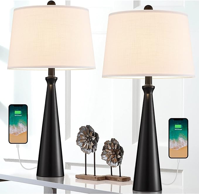 Oneach 25.75” Modern Table Lamps with USB Port Set of 2 Accent Gold Nightstand Lamp for Living Room Bedroom Office Black - LeafyLoom