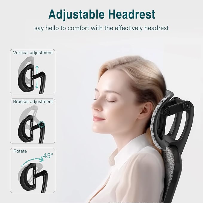 GABRYLLY Ergonomic Mesh Office Chair, High Back Desk Chair - Adjustable Headrest with Flip-Up Arms, Tilt Function, Lumbar Support and PU Wheels, Swivel Computer Task Chair, Grey - LeafyLoom