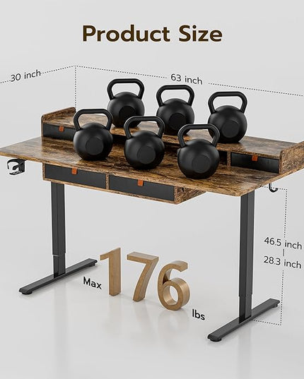 Standing Desk with Drawers 63x30 Inches large Standing Desk,Adjustable Height Desk with 4 PU Drawers,Storage Shelvers Sit Stand Up Desk,Home Office Computer Desk(Rustic Brown) - LeafyLoom