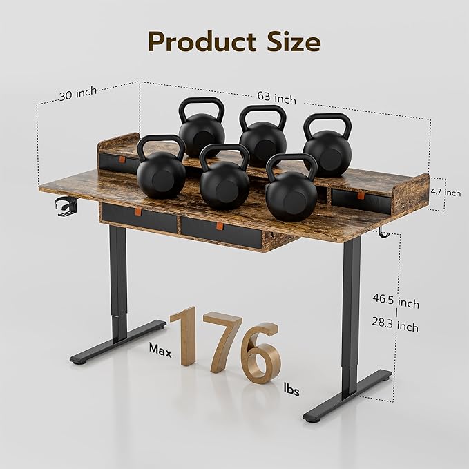 Standing Desk with Drawers 63x30 Inches large Standing Desk,Adjustable Height Desk with 4 PU Drawers,Storage Shelvers Sit Stand Up Desk,Home Office Computer Desk(Rustic Brown) - LeafyLoom