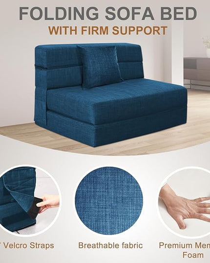 Folding Sofa Bed Couch Memory Foam with Pillow Sleeper Chair Lazy Couch Twin Size Futon Convertible Guest Beds,Washable Cover,Dark Blue - LeafyLoom