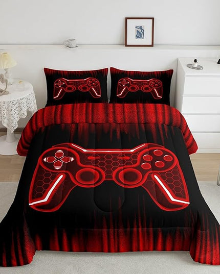 Feelyou Gamer Comforter Set King Size Kids Game Controller Comforter for Boys Teens Red Black Bedding Set Gaming Duvet Set Room Decor Quilt Set - LeafyLoom
