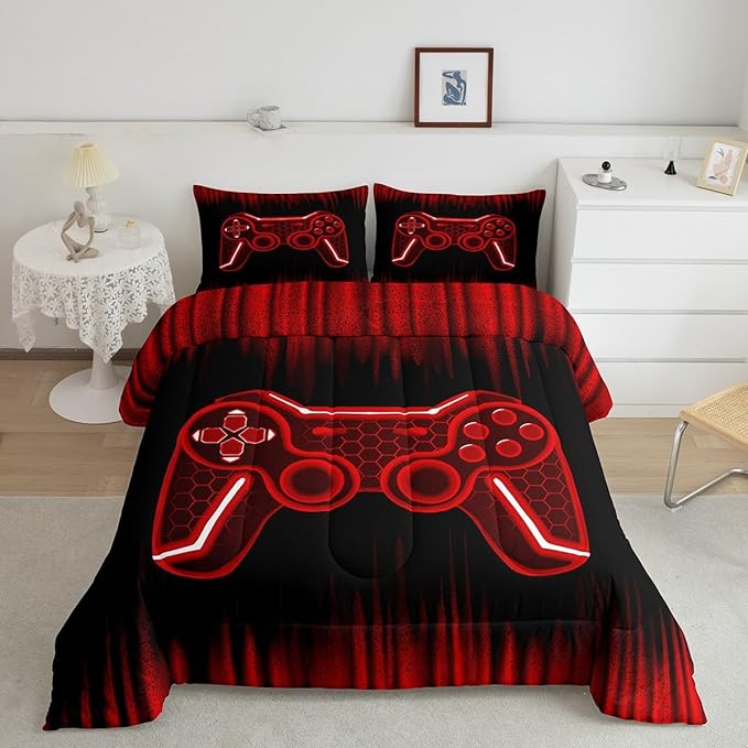 Feelyou Gamer Comforter Set King Size Kids Game Controller Comforter for Boys Teens Red Black Bedding Set Gaming Duvet Set Room Decor Quilt Set - LeafyLoom