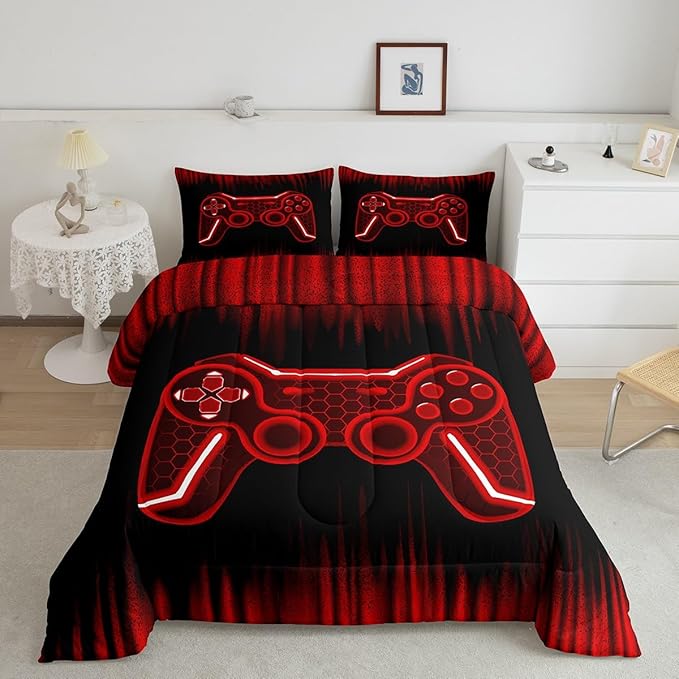 Feelyou Gamer Comforter Set Twin Size Kids Game Controller Comforter for Boys Teens Red Black Bedding Set Gaming Duvet Set Room Decor Quilt Set - LeafyLoom