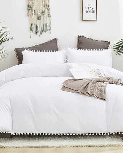 White Twin Comforter Girls Pom Comforter White Twin Bedding Set Boys 3 PCs Soft White Ball Pom Fringe Comforter Set 1 Twin Comforter (68x90 inches) with 2 Pillowcases (20x26 inches) - LeafyLoom