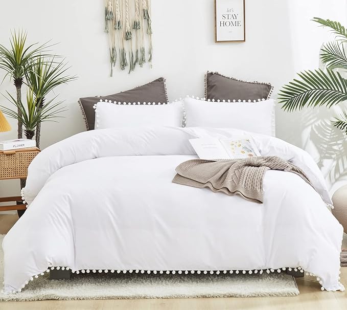 White Twin Comforter Girls Pom Comforter White Twin Bedding Set Boys 3 PCs Soft White Ball Pom Fringe Comforter Set 1 Twin Comforter (68x90 inches) with 2 Pillowcases (20x26 inches) - LeafyLoom