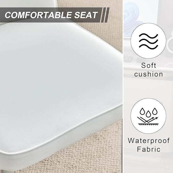 Modern Dining Chairs Set of 2, PU Leather Seat Cushions White Dining Room Chair, with Silver Metal Legs Kitchen Chair for Home Living Room, Restaurant, White Chair Silver Legs - LeafyLoom
