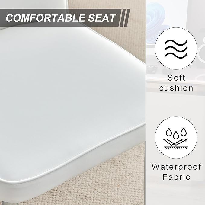 Modern Dining Chairs Set of 4, PU Leather Seat Cushions White Dining Room Chair, with Silver Metal Legs Kitchen Chair for Home Living Room, Restaurant - LeafyLoom