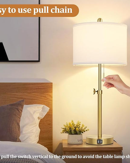 Table Lamp Set of 2, Bedside Lamp with 2 USB Ports, Gold Tall Table Lamp for Living Room End Tables, 23" to 30" Height Adjustable Table Lamp for Bedroom, Farmhouse Table Lamps with Pull Chain, E26 - LeafyLoom