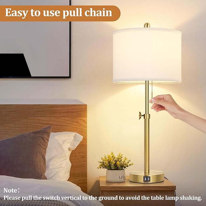 Table Lamp Set of 2, Bedside Lamp with 2 USB Ports, Gold Tall Table Lamp for Living Room End Tables, 23" to 30" Height Adjustable Table Lamp for Bedroom, Farmhouse Table Lamps with Pull Chain, E26 - LeafyLoom