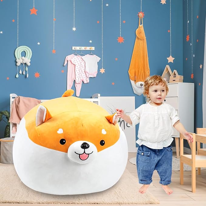 Stuffed Animal Storage Bean Bag Chair Cover for kids Cute Shiba Inu Yellow Dog Large Beanbag Plush Toy Bedroom Décor Organizer Cover, No Beans - LeafyLoom