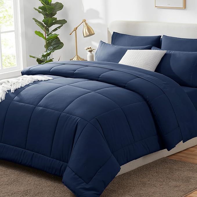 CozyLux Full Size Comforter Sets - 7 Pieces Bed in a Bag Set Navy Blue, Bedding Sets Full with All Season Quilted Comforter, Flat Sheet, Fitted Sheet, Pillowcases, Navy Blue, Full - LeafyLoom