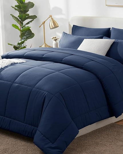CozyLux King Size Comforter Set - 7 Pieces Bed in a Bag Set Navy Blue, King Bedding Set with All Season Quilted Comforter, Flat Sheet, Fitted Sheet, Pillowcases - LeafyLoom