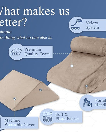 Axelrod 4PCS Orthopedic Bed Wedge Pillow Set, Post Surgery Foam for Back, Neck and Leg Pain Relief Comfortable & Adjustable Ortho Pillows- Anti Snoring, Heartburn, Acid Reflux & GERD Sleeping Brown - LeafyLoom