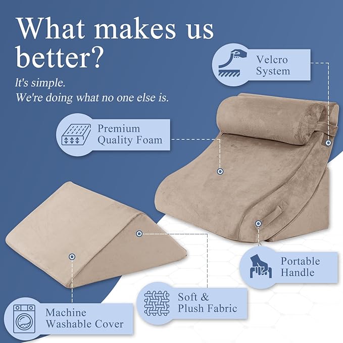Axelrod 4PCS Orthopedic Bed Wedge Pillow Set, Post Surgery Foam for Back, Neck and Leg Pain Relief Comfortable & Adjustable Ortho Pillows- Anti Snoring, Heartburn, Acid Reflux & GERD Sleeping Brown - LeafyLoom