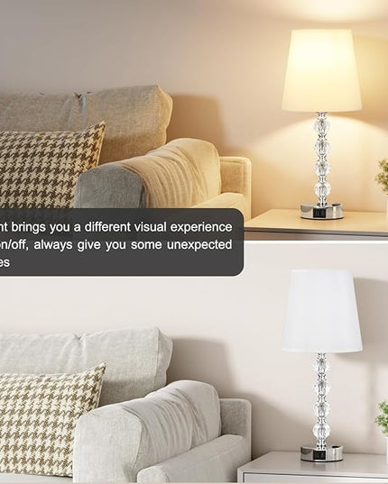 Bedside Lamps for bedrooms Set of 2 Nightstand - Large Crystal Table Lamps with USB C Charging Ports and AC Outlet, 3 Way Dimmable Touch Control Silver Bed Side Table Lamp for Living Room/Dining Room - LeafyLoom