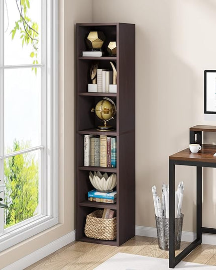 70.9 Inch Tall Narrow Bookcase, Corner Bookshelf 6 Tier Cube Display Shelf Storage Organizer for Small Space, Brown - LeafyLoom