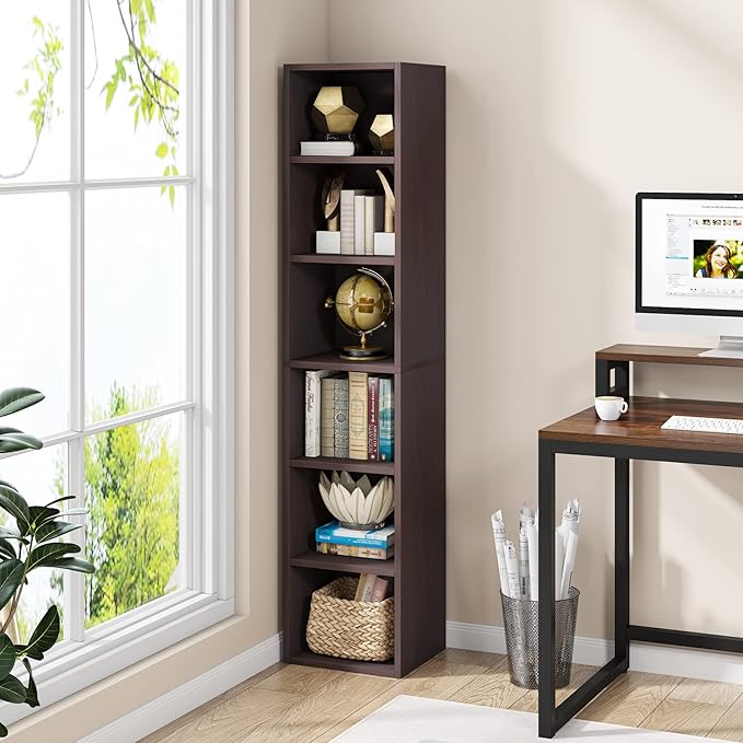 70.9 Inch Tall Narrow Bookcase, Corner Bookshelf 6 Tier Cube Display Shelf Storage Organizer for Small Space, Brown - LeafyLoom