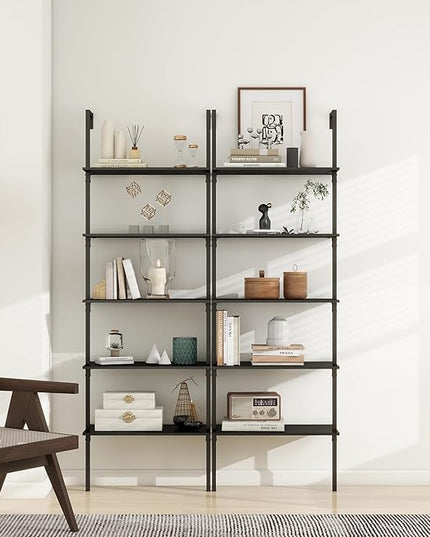 Panana Industrial 5 Tier Ladder Shelf, Open Space Book Shelf Wall Mount Bookshelf with Metal Frame Sturdy Bookcase for Living Room (Black, 5 Tier) - LeafyLoom