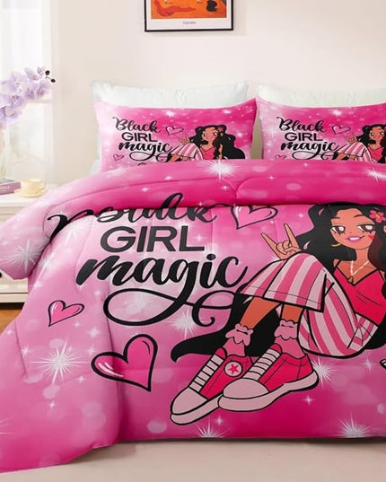 Black Girl Comforter Set Queen for Kids,Black Girl Magic Bedding Set,Cuet Black Princess Girl Comforter Black Queen Melanin Bedroom Bed Set - LeafyLoom