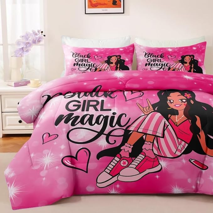 Black Girl Comforter Set Full for Kids,Black Girl Magic Bedding Set,Cuet Black Princess Girl Comforter Black Queen Melanin Bedroom Bed Set - LeafyLoom