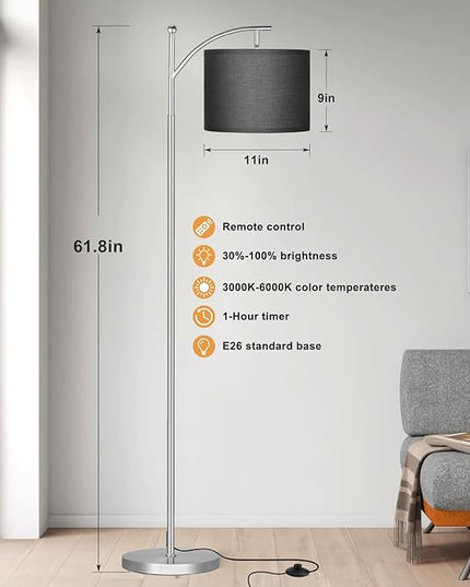 Ambimall Floor Lamp with Remote Control and Stepless Dimmable Bulb, Colors Temperature & Brightness Adjustable, Modern Floor Lamps for Living Room（Black Shade & Silver Pole） - LeafyLoom