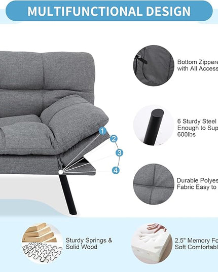 MUUEGM Futon Sofa Bed,Convertible 71" Couch Sofa, Modern Grey Sleeper Sofa with Adjustable Backrest for living room,Memory Foam Sofa Futon Couch Bed,Light Grey - LeafyLoom