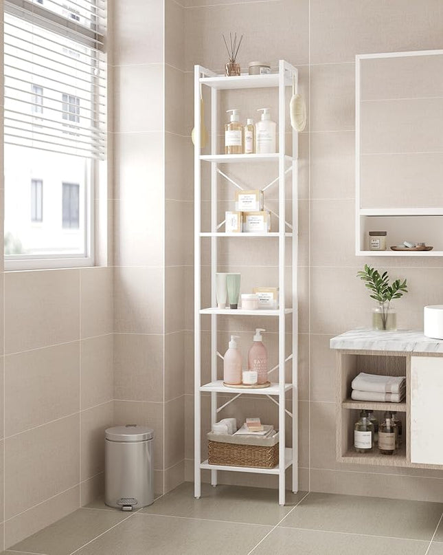 Bookshelf, Book Shelf, Industrial Bookcase with 2 Hooks, Coner Shelf Storage Organizer for Home Office, Living Room, Bedroom, Kitchen, 6-Tier White BC10713W - LeafyLoom