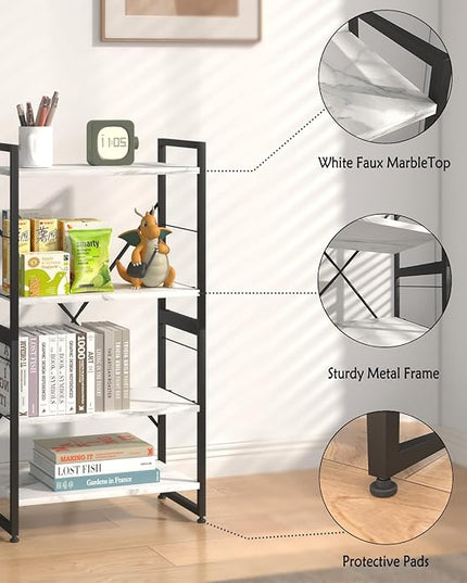 4 Tiers Bookshelf Adjustable White Faux Marble Organizer, Modern Small Bookcase for Small Space,Industrial Wooden Storage Display Rack and Storage Organizer for Living Room Home Office - LeafyLoom