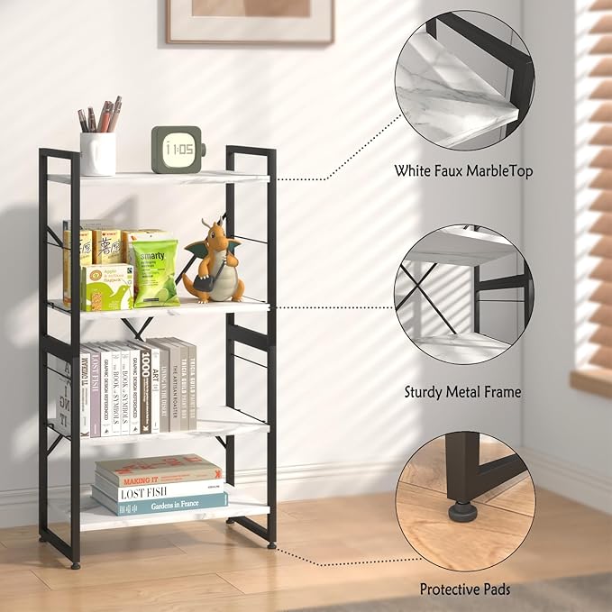 4 Tiers Bookshelf Adjustable White Faux Marble Organizer, Modern Small Bookcase for Small Space,Industrial Wooden Storage Display Rack and Storage Organizer for Living Room Home Office - LeafyLoom