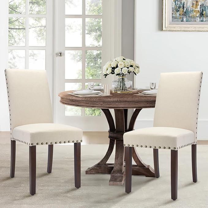 COLAMY Modern Wood Dining Chairs Set of 2, Parsons Dining Chairs, 19 Inch Padded Dining Chairs with Nailed Trim for Kitchen Dining Living Room, Beige - LeafyLoom