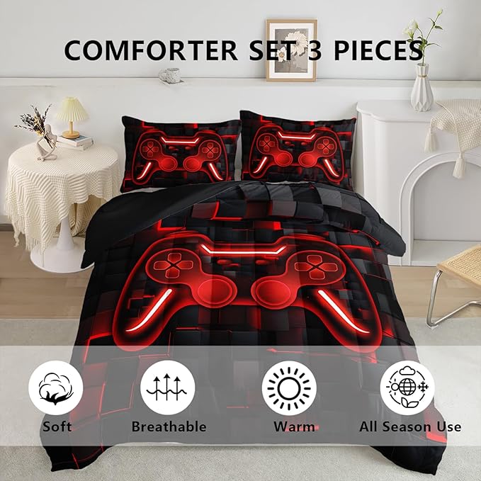Axolotl Gamepad Comforter Set Full Size,Red Grid Print Bedding Set,Boys Gaming Console Comforter Set,Video Gaming controller Bedding Set for Teens Men Adults,1 Quilt 2 Pillowcases,Red Black - LeafyLoom