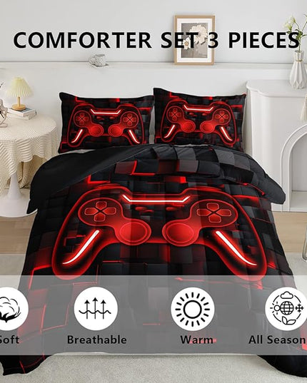 Axolotl Gamepad Comforter Set Twin Size,Red Grid Print Bedding Set,Boys Gaming Console Comforter Set,Video Gaming controller Bedding Set for Teens Men Adults,1 Quilt 2 Pillowcases,Red Black - LeafyLoom