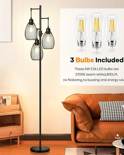 Dimmable Floor Lamp, 3 x 800LM LED Edison Bulbs Included, Farmhouse Industrial Floor Lamp Standing Tree Lamp with Elegant Teardrop Cage Tall Lamps for Living Room Bedroom Office Dining Room-Black - LeafyLoom
