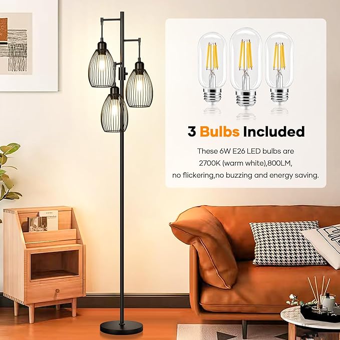 Dimmable Floor Lamp, 3 x 800LM LED Edison Bulbs Included, Farmhouse Industrial Floor Lamp Standing Tree Lamp with Elegant Teardrop Cage Tall Lamps for Living Room Bedroom Office Dining Room-Black - LeafyLoom