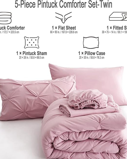 Ubauba 5pc Twin Comforter Set for Girls with Sheets, Blush Pintuck 5 Piece Bed in a Bag Set, Soft Pinched Pleat All Season Twin Size Bedding Sets (Pink,Twin) - LeafyLoom