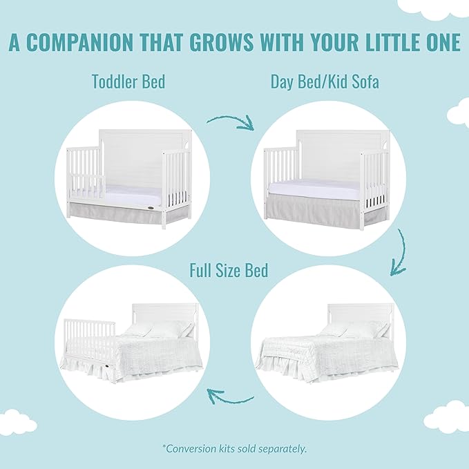 Cape Cod 5-in-1 Convertible Crib in White, Greenguard Gold Certified, 55x30x44.5 Inch (Pack of 1) - LeafyLoom