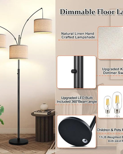 Dimmable Floor Lamp - 3 Lights Arc Floor Lamps for Living Room, 1000LM Modern Tall Standing Lamp with Beige Shades & Heavy Base, Mid Century Tree Floor Lamp for Bedroom Office, 3 LED Bulbs Included - LeafyLoom