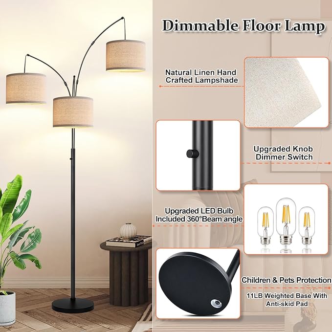 Dimmable Floor Lamp - 3 Lights Arc Floor Lamps for Living Room, 1000LM Modern Tall Standing Lamp with Beige Shades & Heavy Base, Mid Century Tree Floor Lamp for Bedroom Office, 3 LED Bulbs Included - LeafyLoom
