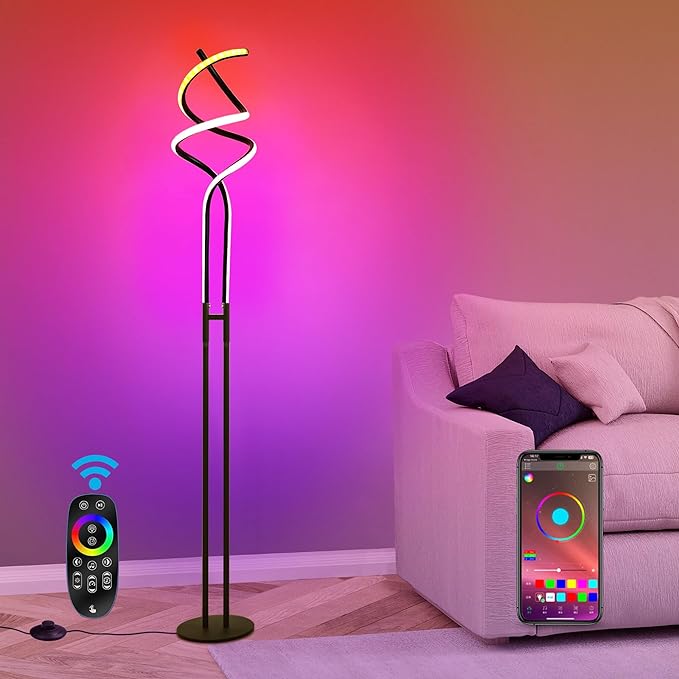 Modern RGB Spiral Floor Lamp, Dimmable LED Floor Lamp with RGBW, Ultra Bright, Standing Tall Lamp with Remote Reading Floor Lamp for Living Room Bedroom Office - LeafyLoom