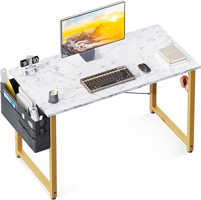 ODK Computer Desk, 40 Inch Small Study Desk, Office Desk with Storage, Work Table with Headphone Hook for Small Space Home Office, White Marble + Gold Leg - LeafyLoom