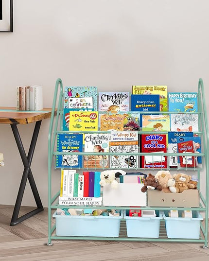 aboxoo Metal Kids Bookshelf Green Freestanding for Children Room 32 in Toy Organizer Book Unit Storage Large Green Stable Bookcase Bookstore Living Room Bed Room Library - LeafyLoom