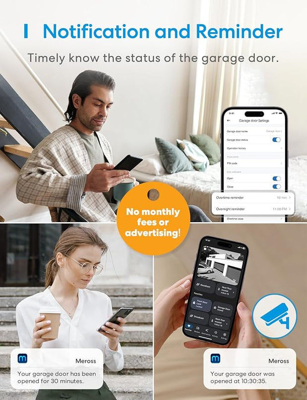 Smart Garage Door Opener Remote with External Antenna, Compatible with Amazon Alexa, SmartThings, Control Up to 3 Single Doors(with 2 Door Sensors) meross