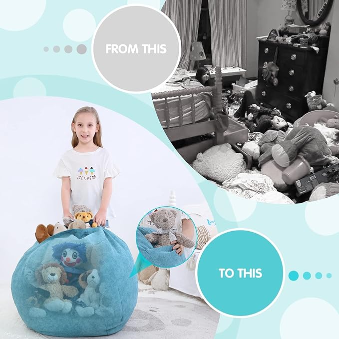 Stuffed Animal Storage Bean Bag Chair Cover (No Filler) for Kids and Adults.Soft Premium Corduroy Stuffable Beanbag for Organizing Children Plush Toys or Memory Foam Small 100L(LightBlue) - LeafyLoom
