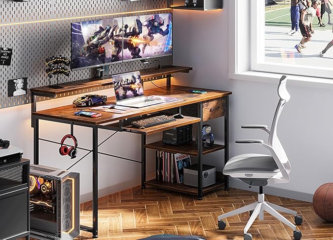 AODK Computer Desk with Keyboard Tray, 55 Inch Office Desk with Power Outlet, Work Desk with Drawer, Reversible Desk with Adjustable Monitor Shelf and Storage Shelf for Home, Rustic Brown - LeafyLoom