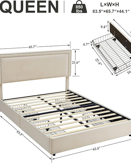 VECELO Queen Size Upholstered Platform Bed Frame with 4 Storage Drawers, Adjustable Velvet Rivets Headboard, Wooden Slats Support, No Box Spring Needed, Easy Assembly - LeafyLoom