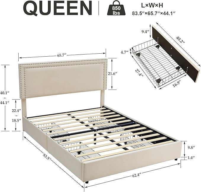 VECELO Queen Size Upholstered Platform Bed Frame with 4 Storage Drawers, Adjustable Velvet Rivets Headboard, Wooden Slats Support, No Box Spring Needed, Easy Assembly - LeafyLoom