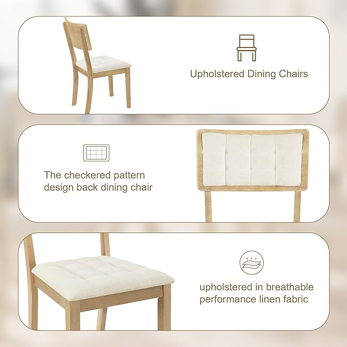 Rustic 42inch Round Dining Table Set for 4 with Cross Legs and Upholstered Chairs for Small Places, Natural - LeafyLoom