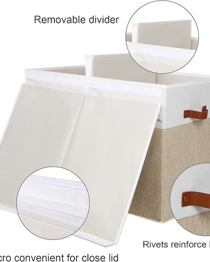 Large Toy Storage Box with Lid, Sturdy Toys Storage Chest Bin Organizer Basket with Dividers for Kids, Boys, Girls, Nursery, Closet, Bedroom, Playroom 26"x17" x17" (Beige and White) - LeafyLoom
