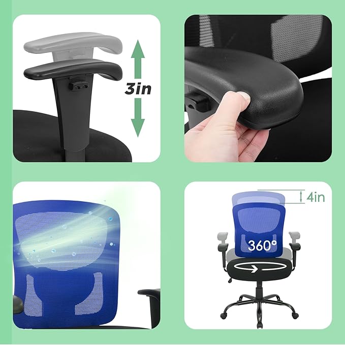 BestOffice Big and Tall Office Chair 400lbs Desk Chair Mesh Computer Chair with Lumbar Support Wide Seat Adjust Arms Rolling Swivel High Back Task Executive Ergonomic Chair for Home Office (Blue) - LeafyLoom